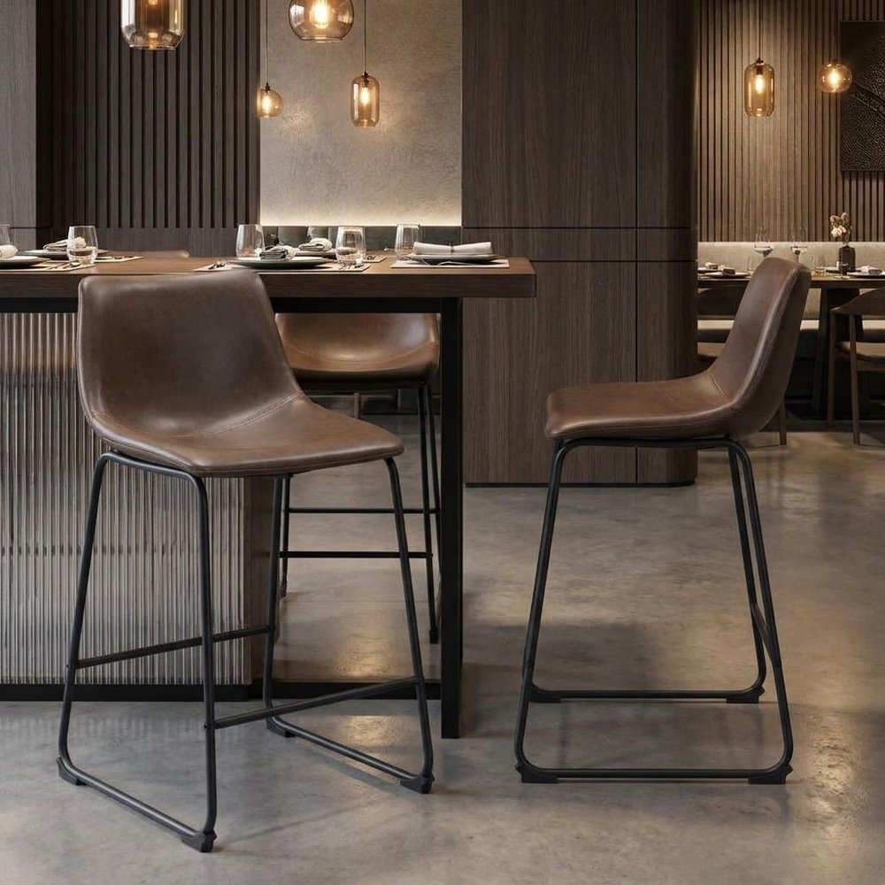 Set of Two 24" Espresso And Black Faux Leather And Steel Counter Height Bar Chairs HomeRoots