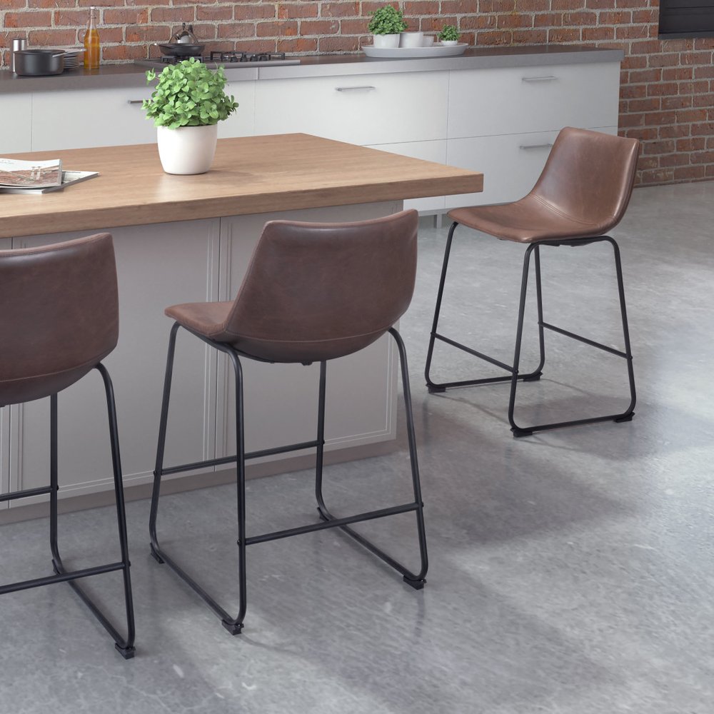 Set of Two 24" Espresso and Black Faux Leather and Steel Counter Height Bar Chairs HomeRoots