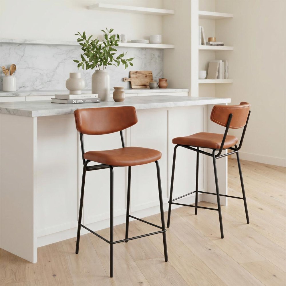 Set of Two 30" Brown And Black Faux Leather And Steel Low Back Bar Height Bar Chairs HomeRoots