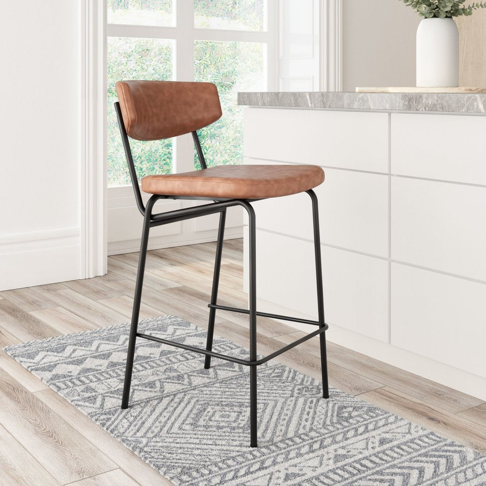 Set of Two 30" Brown And Black Faux Leather And Steel Low Back Bar Height Bar Chairs HomeRoots