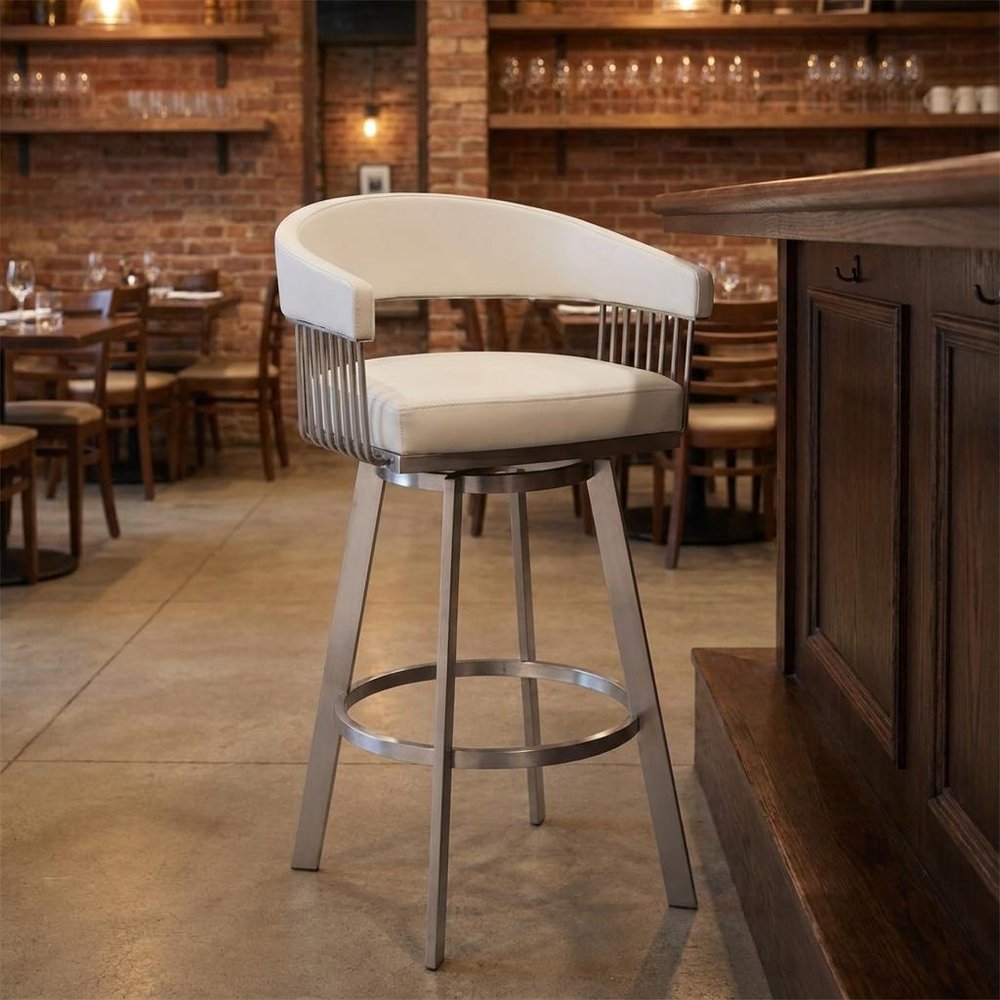 31" White And Silver Faux Leather And Fabric And Steel Low Back Bar Height Swivel Bar Chair HomeRoots