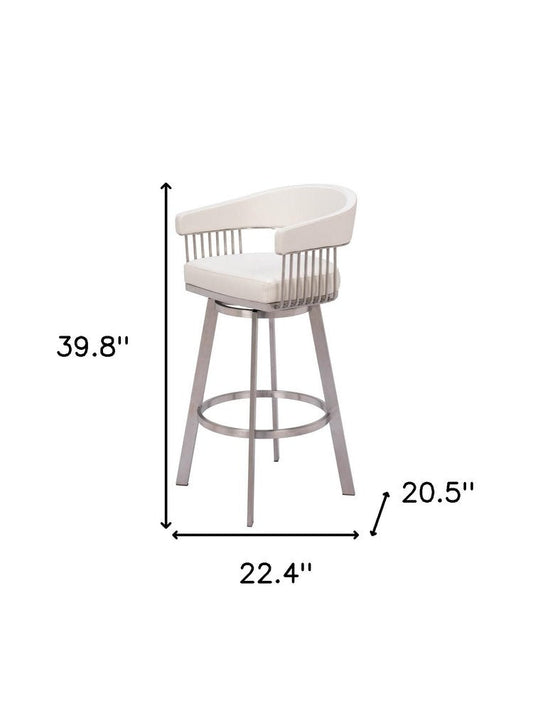 31" White And Silver Faux Leather And Fabric And Steel Low Back Bar Height Swivel Bar Chair HomeRoots