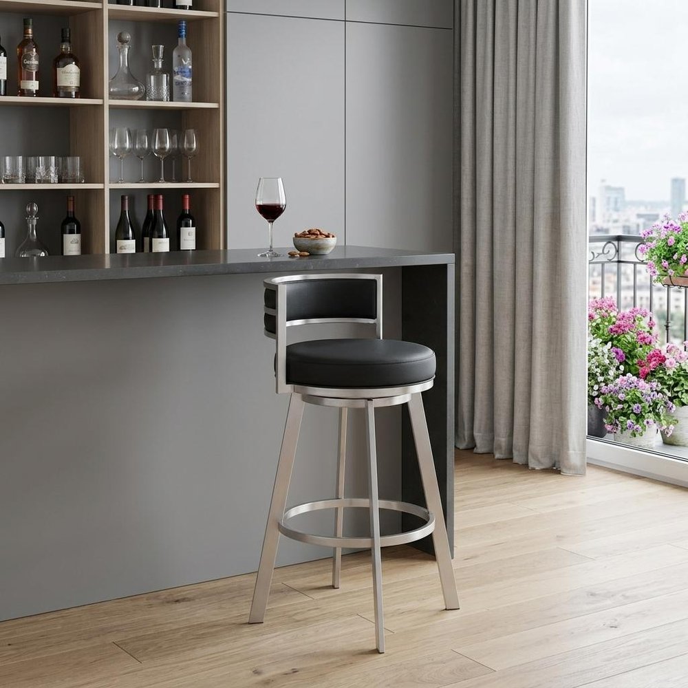 31" Black And Silver Faux Leather And Fabric And Steel Low Back Bar Height Swivel Bar Chair HomeRoots