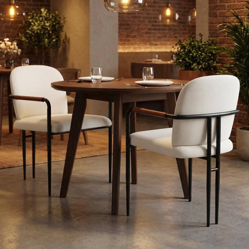 Set of Two Cream And Black Fabric And Steel Dining Arm Chairs HomeRoots