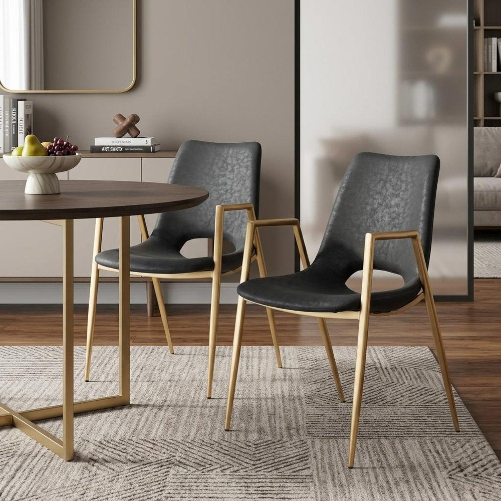Set of Two Black and Gold Faux Leather Open Back Dining Arm Chairs HomeRoots