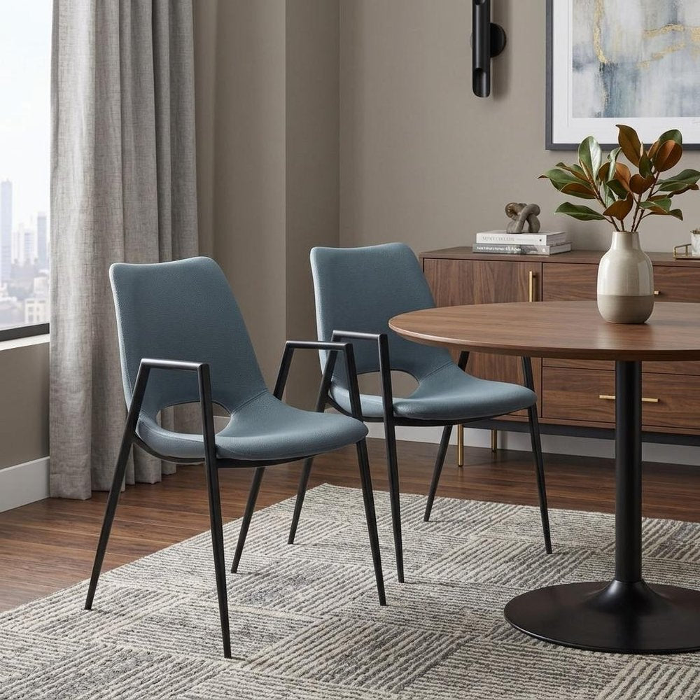 Set of Two Blue and Black Faux Leather Open Back Dining Arm Chairs HomeRoots