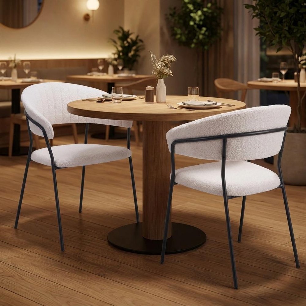 Set of Two Cream And Black Faux Fur And Wood And Steel Partially Open Back Dining Arm Chairs