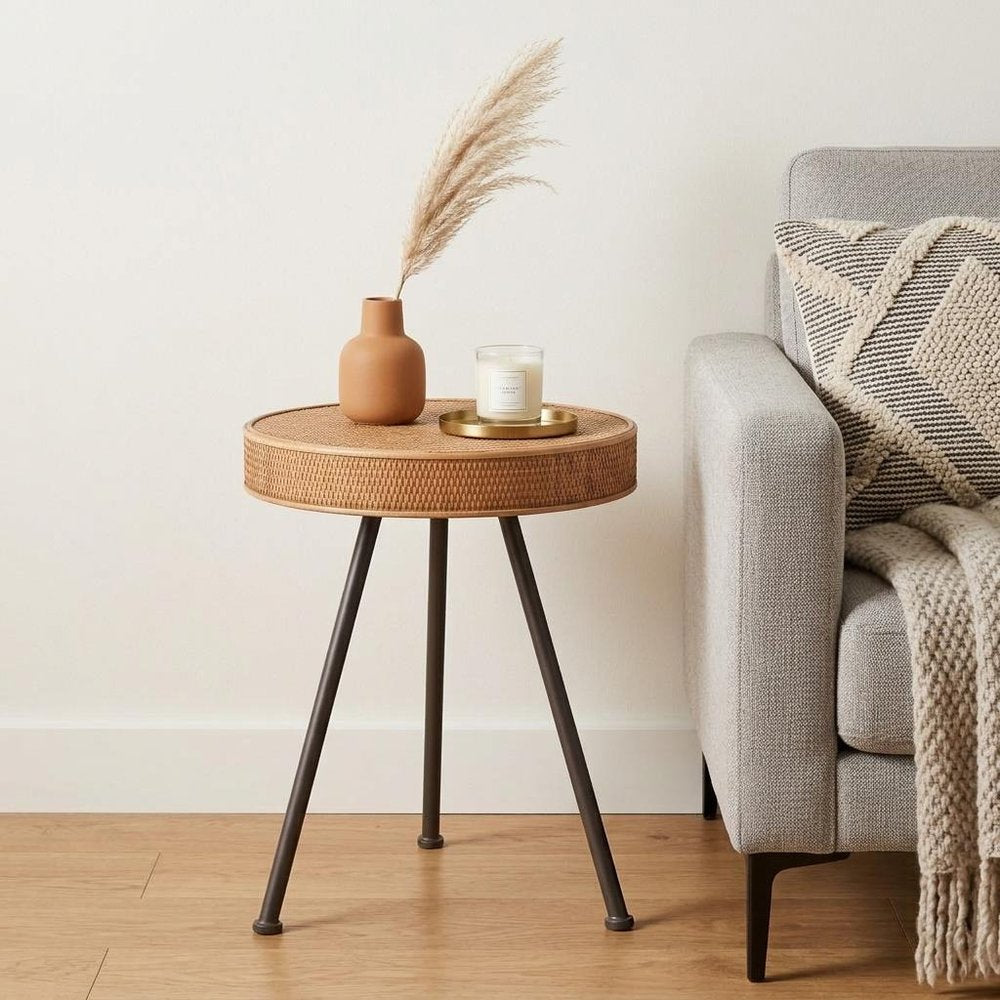 23" Natural and Gray Rattan and Steel Round End Table HomeRoots