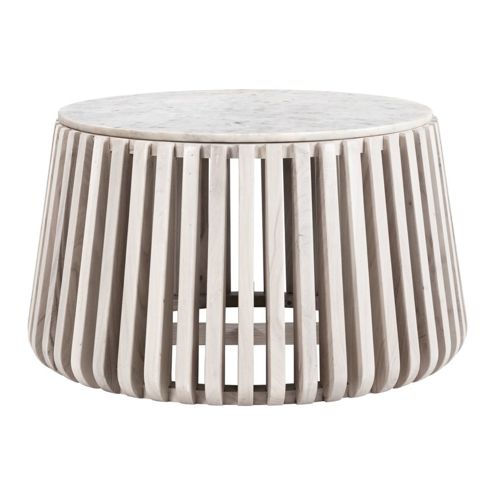 34" White and Natural Genuine Marble and Wood Round Drum Coffee Table HomeRoots