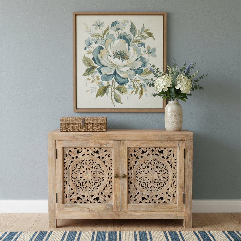 30" Natural Solid Wood Textured Door Accent Cabinet With Two Doors HomeRoots