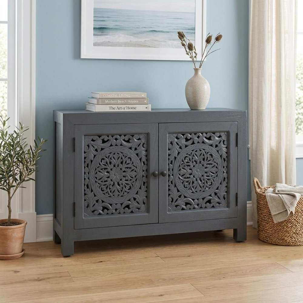 30" Gray Distressed Solid Wood Textured Door Accent Cabinet With Two Doors HomeRoots
