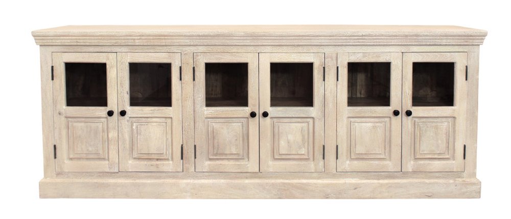 93" Antiqued White Distressed Solid Wood Sideboard with Six Glass Doors HomeRoots