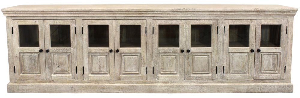 118" Antiqued White Distressed Solid Wood Sideboard with 8 Glass Doors HomeRoots