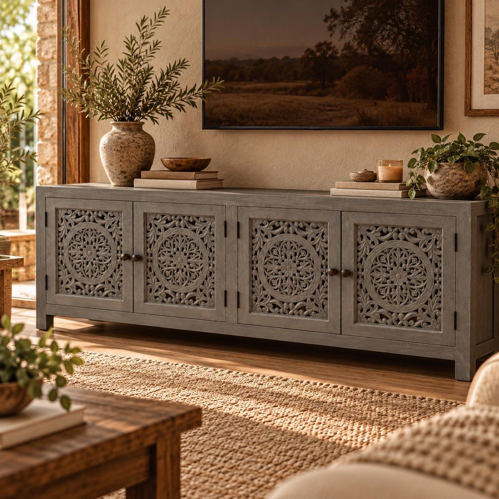 86" Dark Gray Carved Floral Distressed Solid Wood Enclosed Storage TV Stand HomeRoots