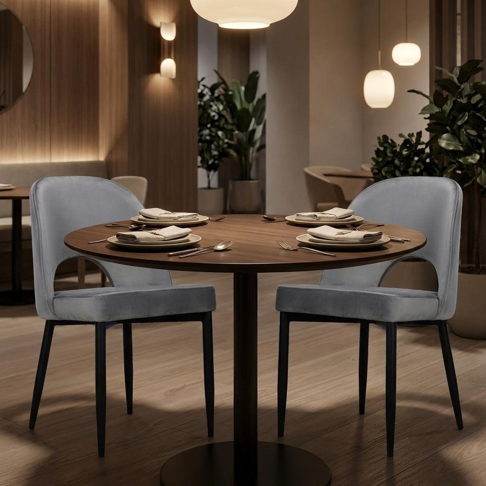 Set of Two Gray And Black Slipcovered Velvet And Wood Partially Open Back Dining Side Chairs