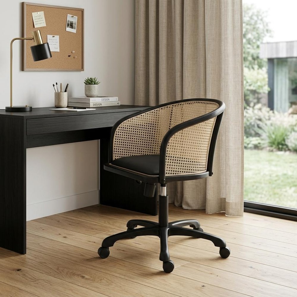 Beige and Black Solid Wood Steel And Cane Rattan Adjustable Swivel Rolling Office Chair HomeRoots