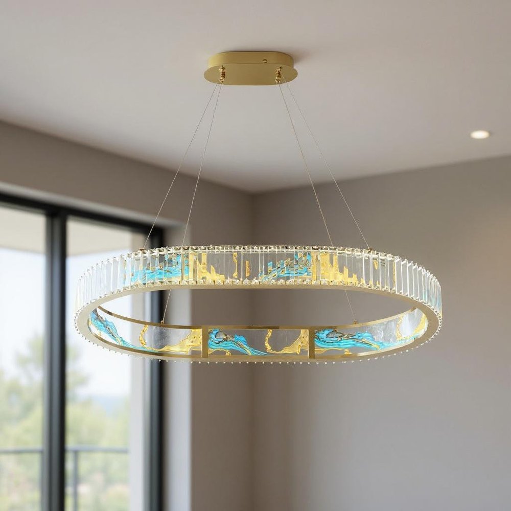 Gold Clear And Blue Geometric Crystal LED Chandelier HomeRoots