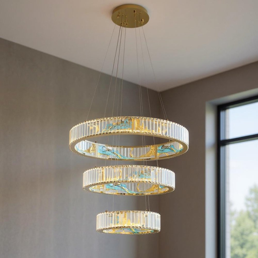 Gold Clear And Blue Geometric Three Light Crystal LED Chandelier HomeRoots