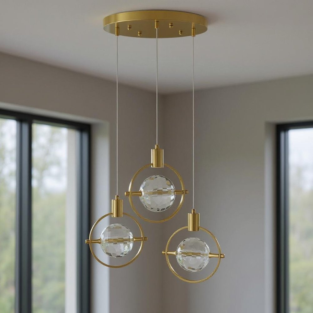 Gold And Clear Geometric Three Light Metal Dimmable Chandelier With Clear Shades HomeRoots