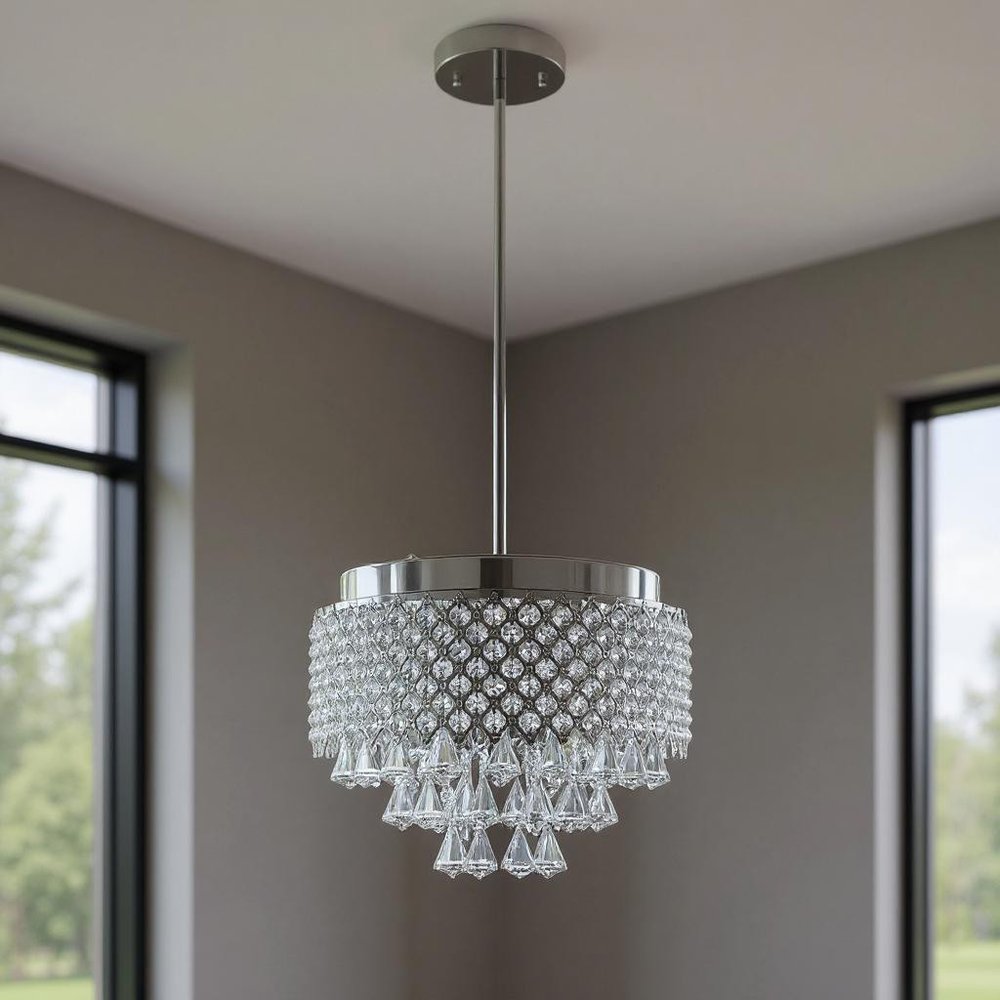 Silver And Clear Nine Light Crystal Dimmable Chandelier With Clear Shades HomeRoots