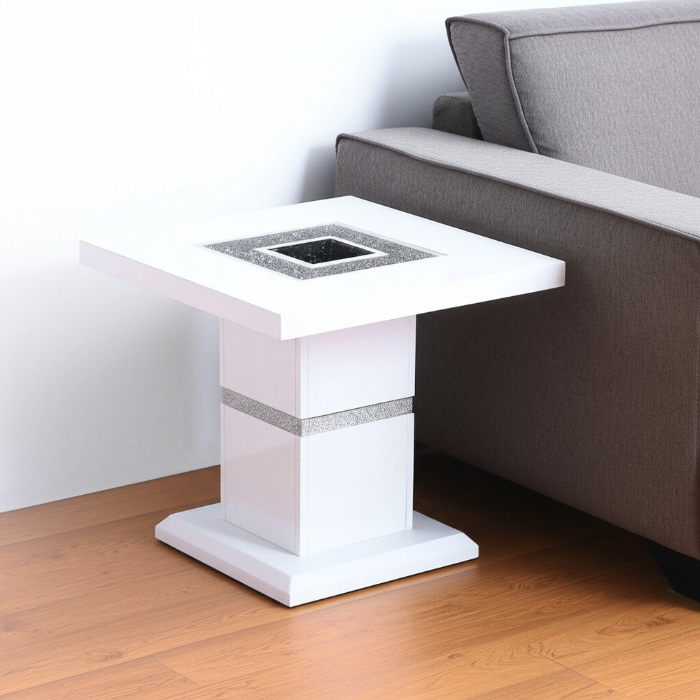 24" White and Silver Glass and Wood Faux Crystal Bling Square Pedestal End Table HomeRoots