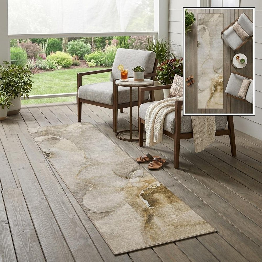 2' X 8' Beige and Brown Abstract Washable Indoor Outdoor Runner Rug HomeRoots