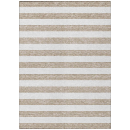9' X 12' Taupe and White Striped Washable Indoor Outdoor Area Rug FurniFindUSA