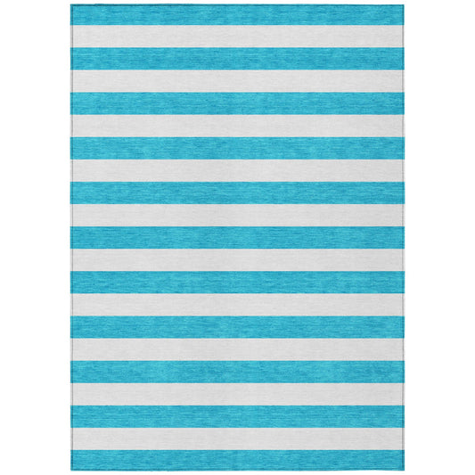 9' X 12' Teal and White Striped Washable Indoor Outdoor Area Rug FurniFindUSA