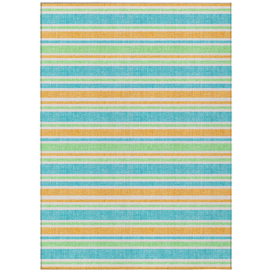 9' X 12' Teal Yellow and Green Striped Washable Non Skid Indoor Outdoor Area Rug FurniFindUSA
