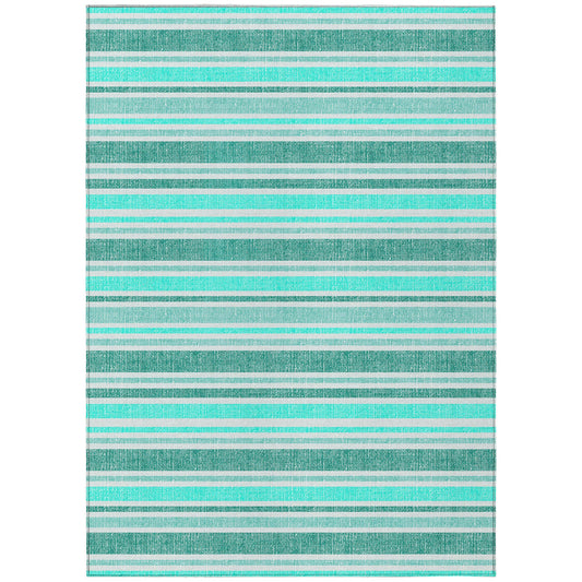 9' X 12' Turquoise Striped Washable Indoor Outdoor Area Rug FurniFindUSA