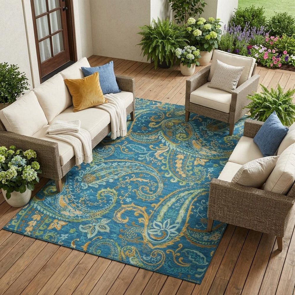 10' X 14' Navy Blue Paisley Washable Non Skid Indoor Outdoor Area Rug HomeRoots