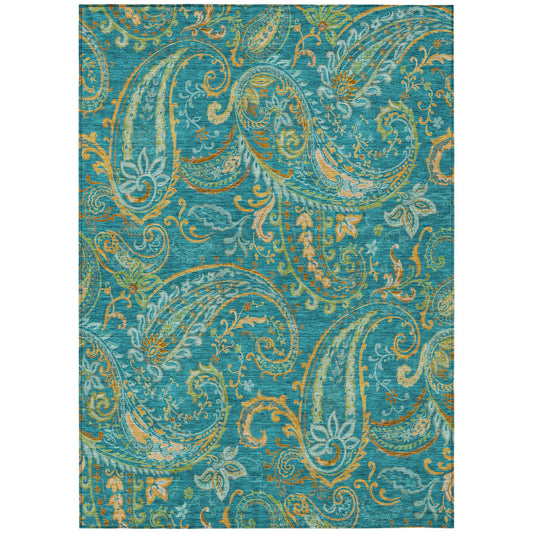 9' X 12' Teal Paisley Washable Non Skid Indoor Outdoor Area Rug FurniFindUSA