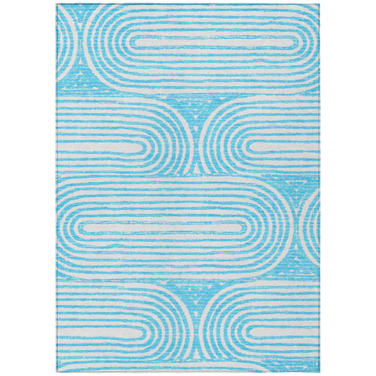 9' X 12' Teal and White Abstract Washable Non Skid Indoor Outdoor Area Rug FurniFindUSA