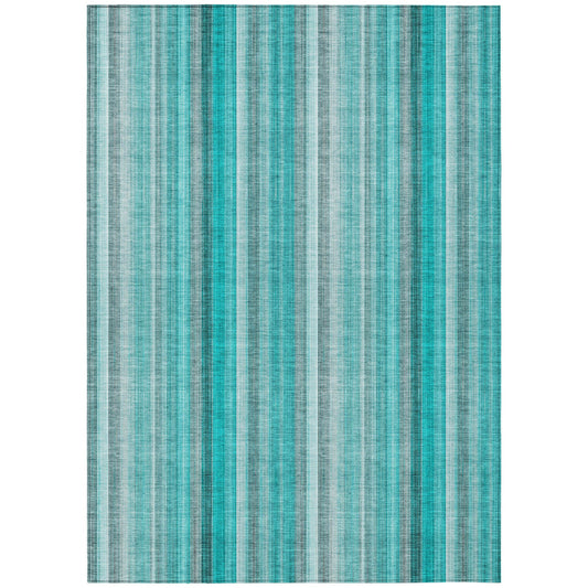 9' X 12' Teal and Gray Striped Washable Non Skid Indoor Outdoor Area Rug FurniFindUSA