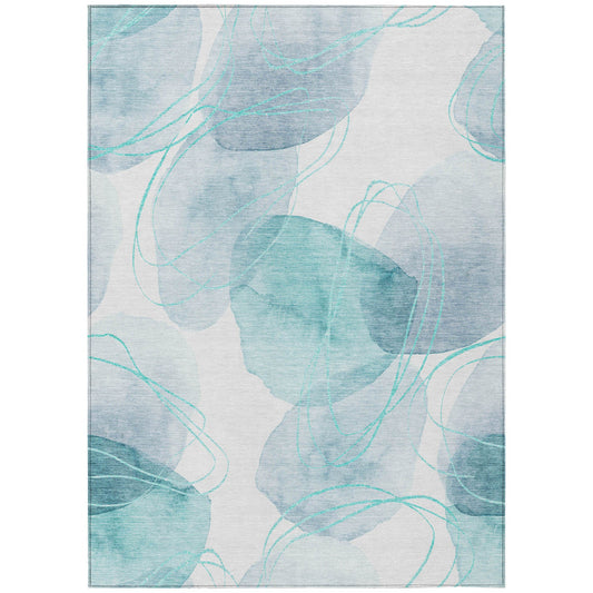 9' X 12' Teal and Ivory Abstract Washable Non Skid Indoor Outdoor Area Rug FurniFindUSA