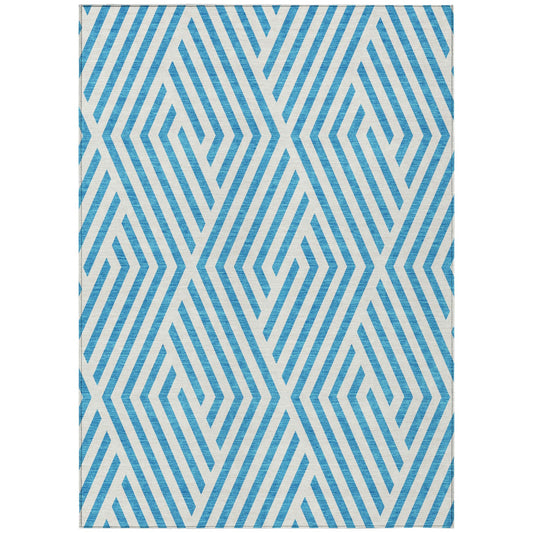 9' X 12' Teal and White Geometric Washable Non Skid Indoor Outdoor Area Rug FurniFindUSA