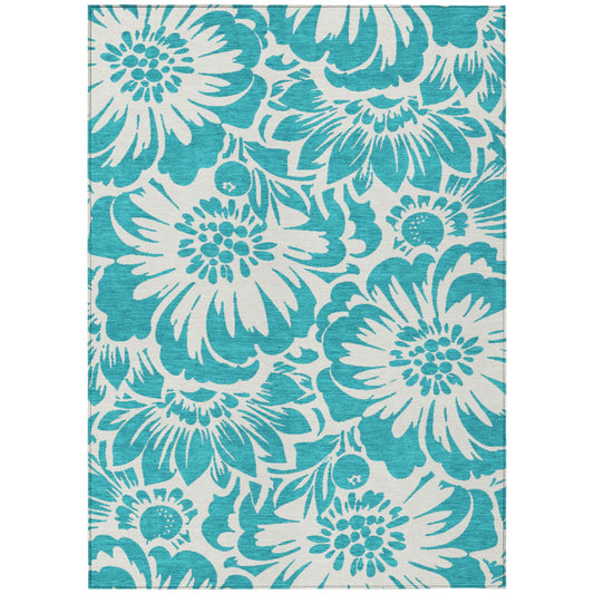 9' X 12' Teal and Ivory Floral Washable Non Skid Indoor Outdoor Area Rug FurniFindUSA