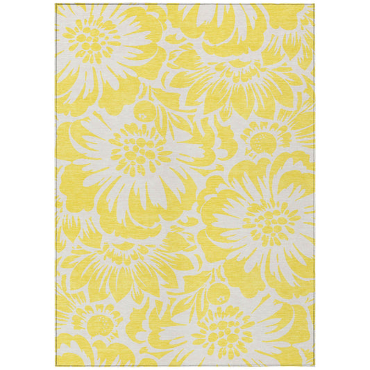9' X 12' Yellow and Ivory Floral Washable Non Skid Indoor Outdoor Area Rug FurniFindUSA