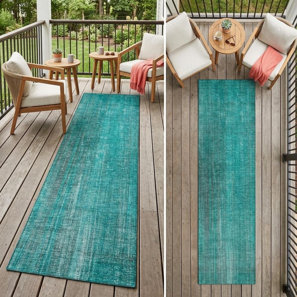 8' Runner Teal Striped Washable Non Skid Indoor Outdoor Runner Rug HomeRoots