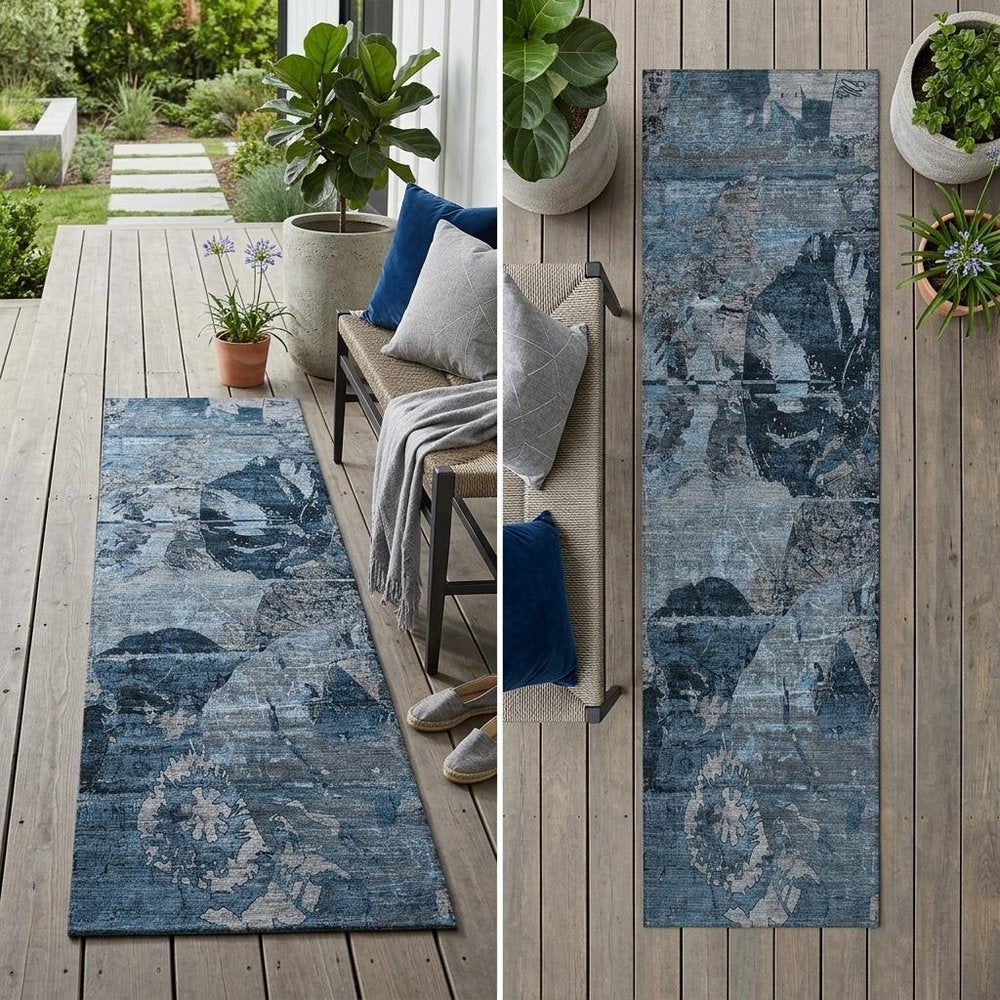 2' X 8' Blue and Dark Blue Abstract Washable Indoor Outdoor Runner Rug HomeRoots