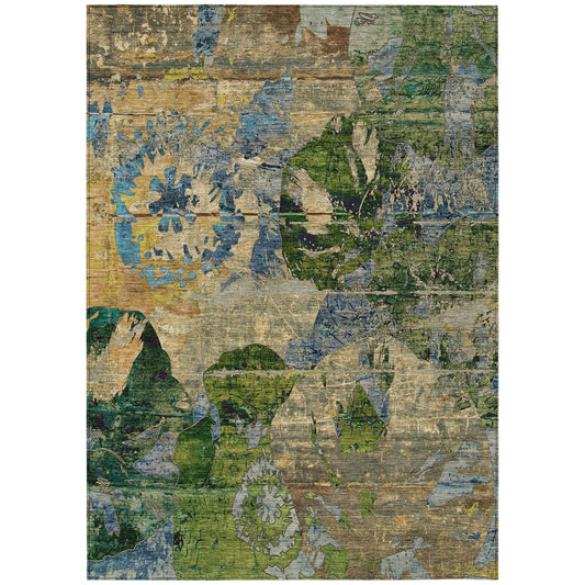 9' X 12' Taupe Blue and Green Floral Washable Non Skid Indoor Outdoor Area Rug FurniFindUSA