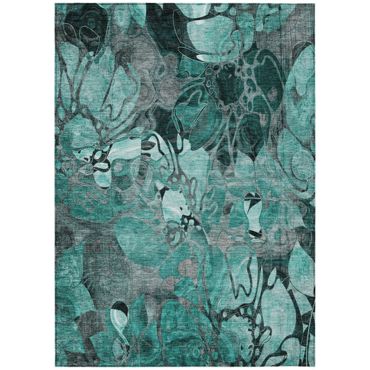 9' X 12' Teal Black and Gray Abstract Washable Indoor Outdoor Area Rug FurniFindUSA