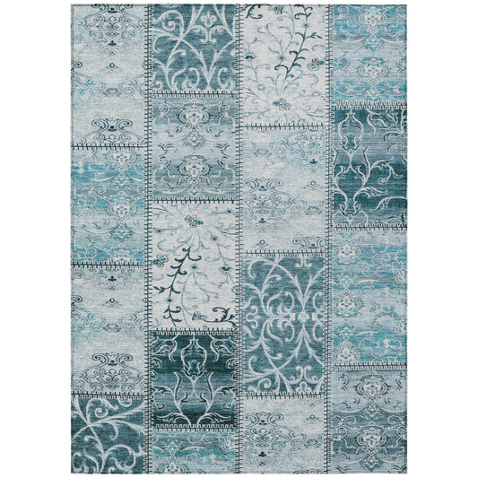 9' X 12' Teal Patchwork Washable Non Skid Indoor Outdoor Area Rug FurniFindUSA