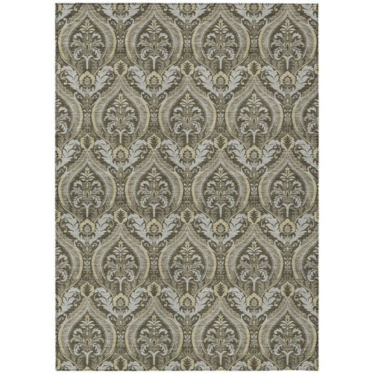 3' X 5' Taupe and Beige Damask Washable Non Skid Indoor Outdoor Area Rug