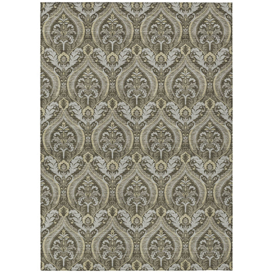 9' X 12' Taupe and Beige Damask Washable Non Skid Indoor Outdoor Area Rug FurniFindUSA