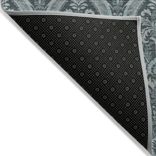 2' X 3' Teal Damask Washable Non Skid Indoor Outdoor Area Rug