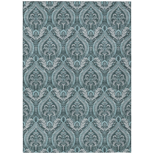 9' X 12' Teal Damask Washable Non Skid Indoor Outdoor Area Rug FurniFindUSA
