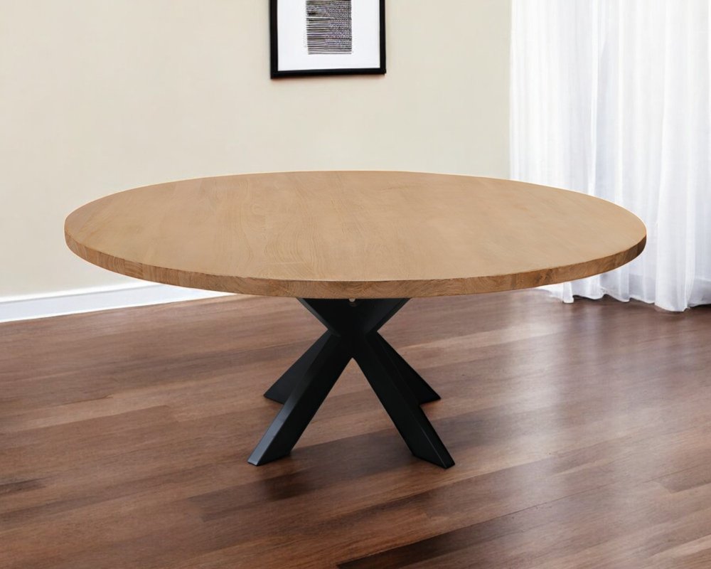 72" Natural And Black Rounded Solid Wood And Iron Pedestal Base Dining Table HomeRoots