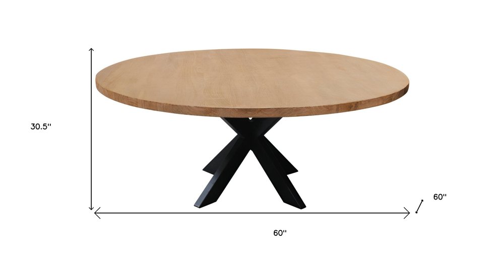 60" Natural And Black Rounded Solid Wood And Iron Pedestal Base Dining Table HomeRoots