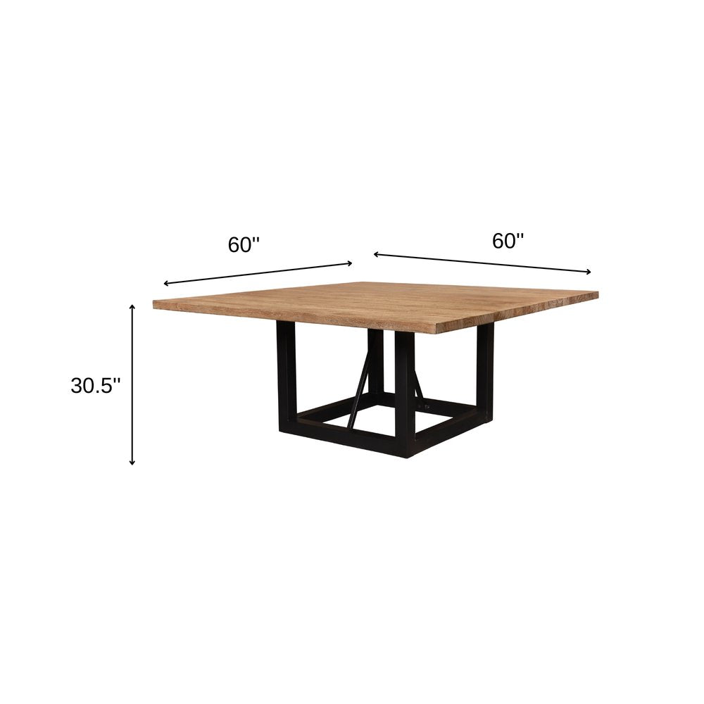 60" Natural and Black Solid Wood And Iron Frame Base Square Dining Table HomeRoots